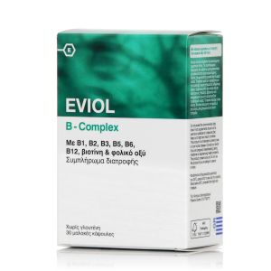 Eviol B-Complex-Συμπλήρωμα Διατροφής με σύμπλεγμα βιταμινών Β, βιοτίνη και φολικό οξύ, 30caps